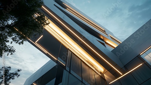 Wide-angle view of a contemporary building at dusk  featuring LED light strips and a dynamic interplay of materials and textures