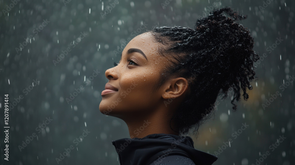 Obraz premium Afro woman smiling on a rainy day watching the raindrops fall