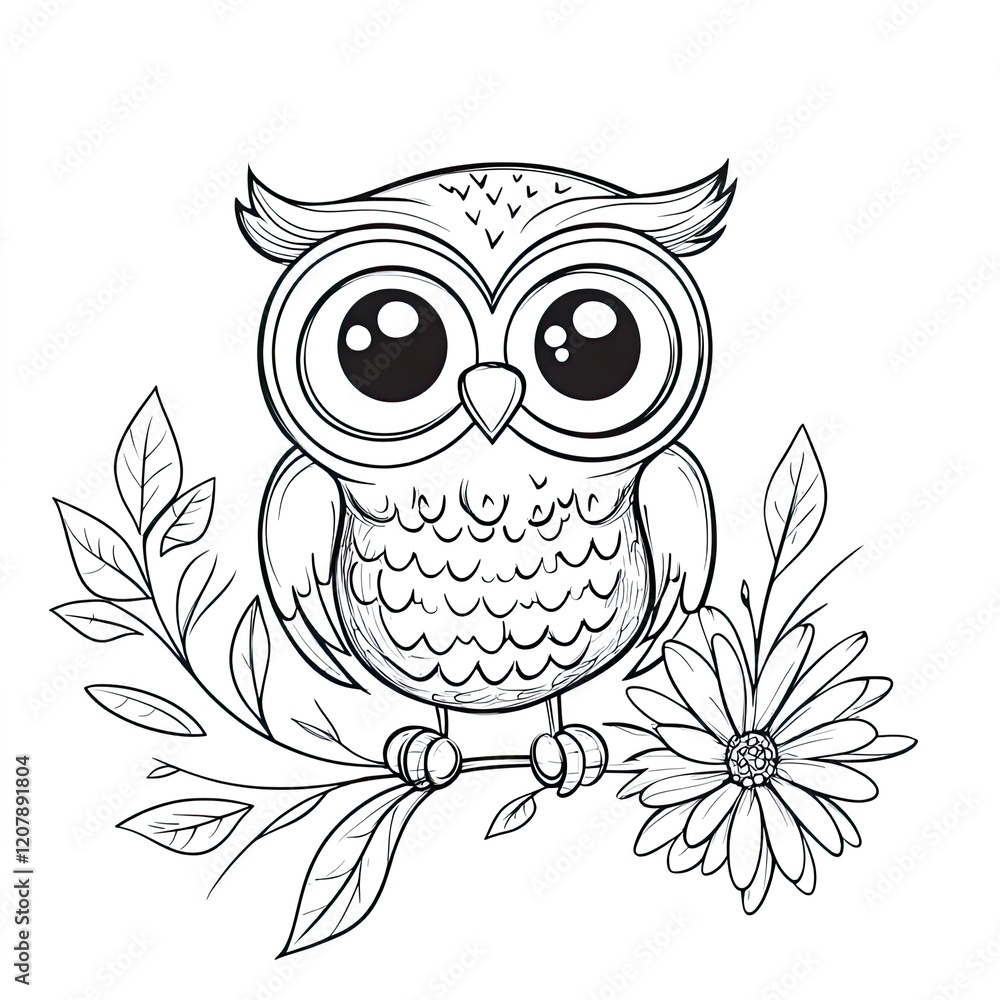 Fototapeta premium Adorable Owl with Flower Simple Coloring Page for Kids