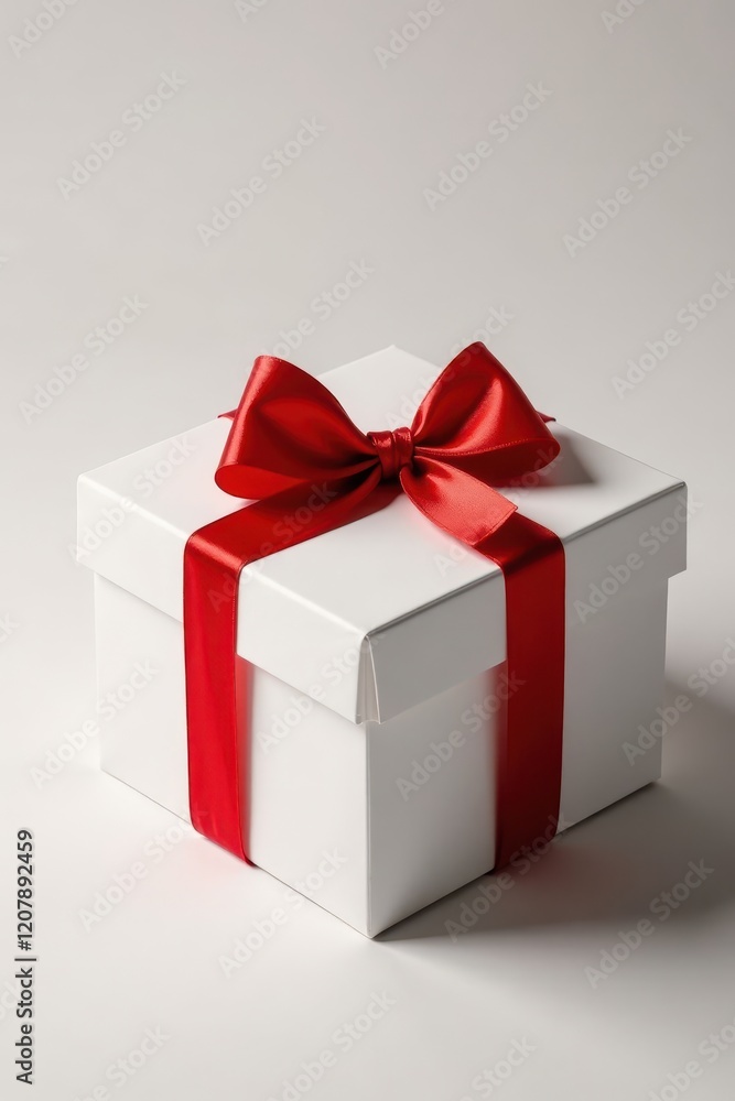 Fototapeta premium Red gift bow tied neatly on a white cardboard box, wrapping, package, holiday