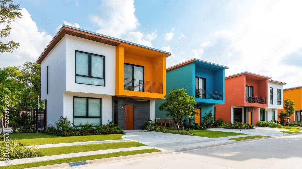 A row of modern, colorful homes with vibrant facades and landscaped yards under a bright sky. A row of modern, colorful homes with vibrant facades and landscaped yards under a bright sky.