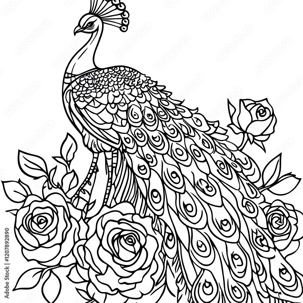 Fototapeta premium Beautiful Peacock and Rose Coloring Book Page for Kids