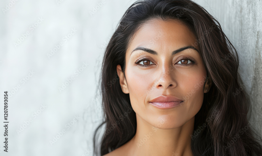 Portrait of a confident woman with long dark hair against a textured wall, showcasing natural beauty and radiant skin tone in a close-up shot