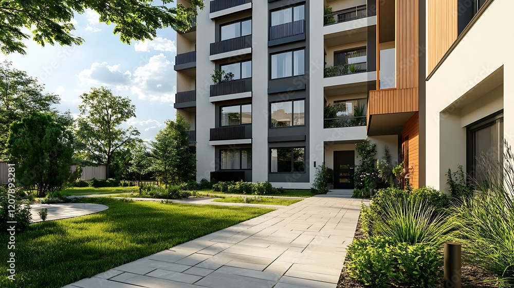 Residential facade with a harmonious mix of white plaster, wood, and concrete, highlighted by asymmetrical anthracite details Residential facade with a harmonious mix of white plaster, wood, and concrete, highlighted by asymmetrical anthracite details