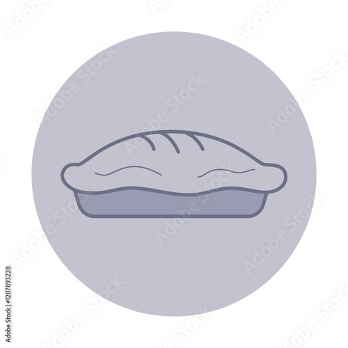 Illustration of simple baked meal in round dish. Closed pie design in a minimalist style suitable for menu concepts