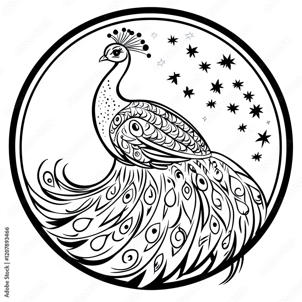 Fototapeta premium Simple Peacock Moon Coloring Book Page Illustration for Kids