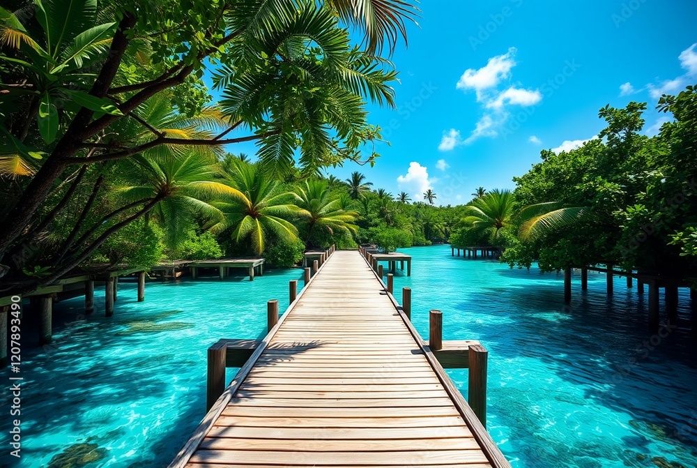 Obraz premium Tropical Wooden Dock Leading to Crystal Clear Turquoise Waters Surrounded by Lush Greenery