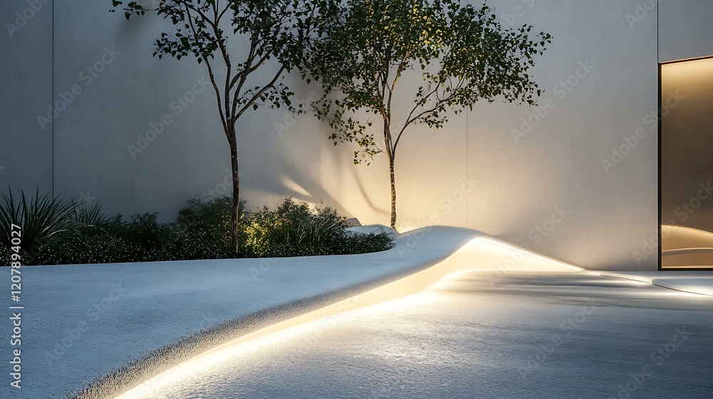 Fototapeta premium Photorealistic exterior design with LED lighting emphasizing asymmetrical details, textured panels, and white plaster surfaces