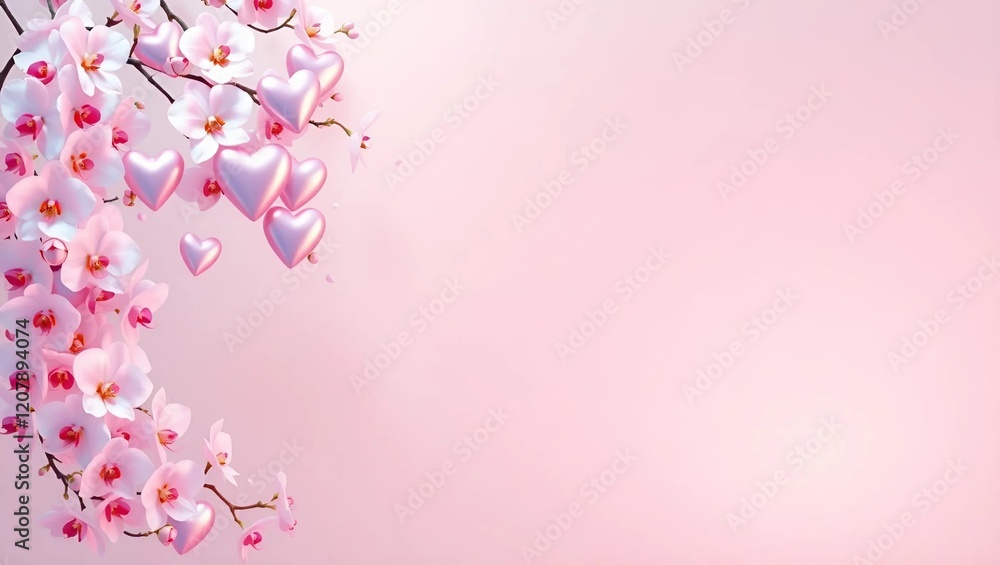 A luxurious Valentine's Day background. One side features a cluster of 3D rendered, iridescent hearts floating amongst a delicate cascade of white orchids. A luxurious Valentine's Day background. One side features a cluster of 3D rendered, iridescent hearts floating amongst a delicate cascade of white orchids.