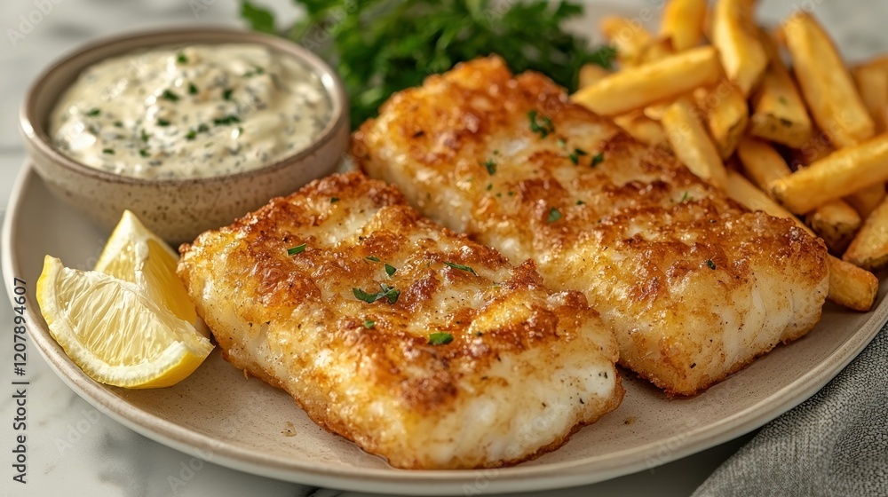 Crispy Fried Fish with Tartar Sauce and French Fries Crispy Fried Fish with Tartar Sauce and French Fries