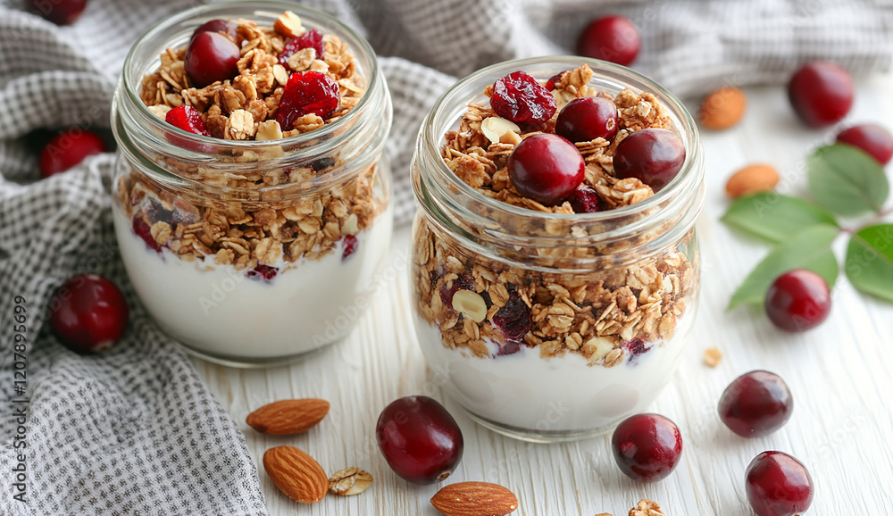 Two glass jars with granola and nuts on top of Greek yogurt, on a white wooden table background Two glass jars with granola and nuts on top of Greek yogurt, on a white wooden table background