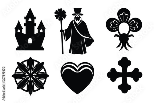 set of 6 Saint Patrick himself silhouette vector cartoon illustration