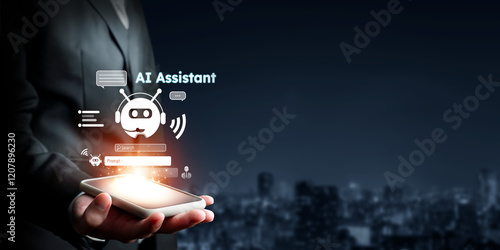 Human interact with AI artificial intelligence virtual assistant chatbot in concept of AI artificial intelligence prompt engineering, LLM AI deep learning to use generative AI for work support. FaaS photo