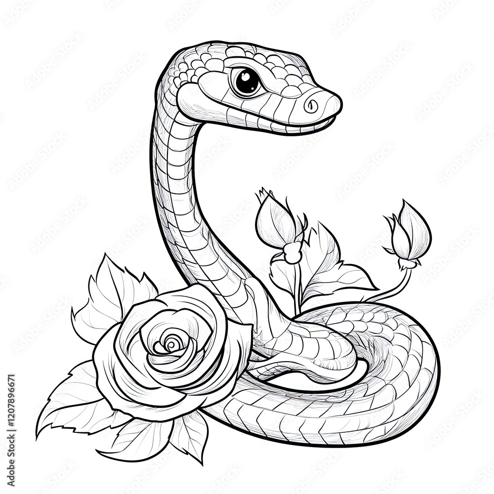 Simple Coloring Book Page Snake with Rose Illustration for Kids Simple Coloring Book Page Snake with Rose Illustration for Kids