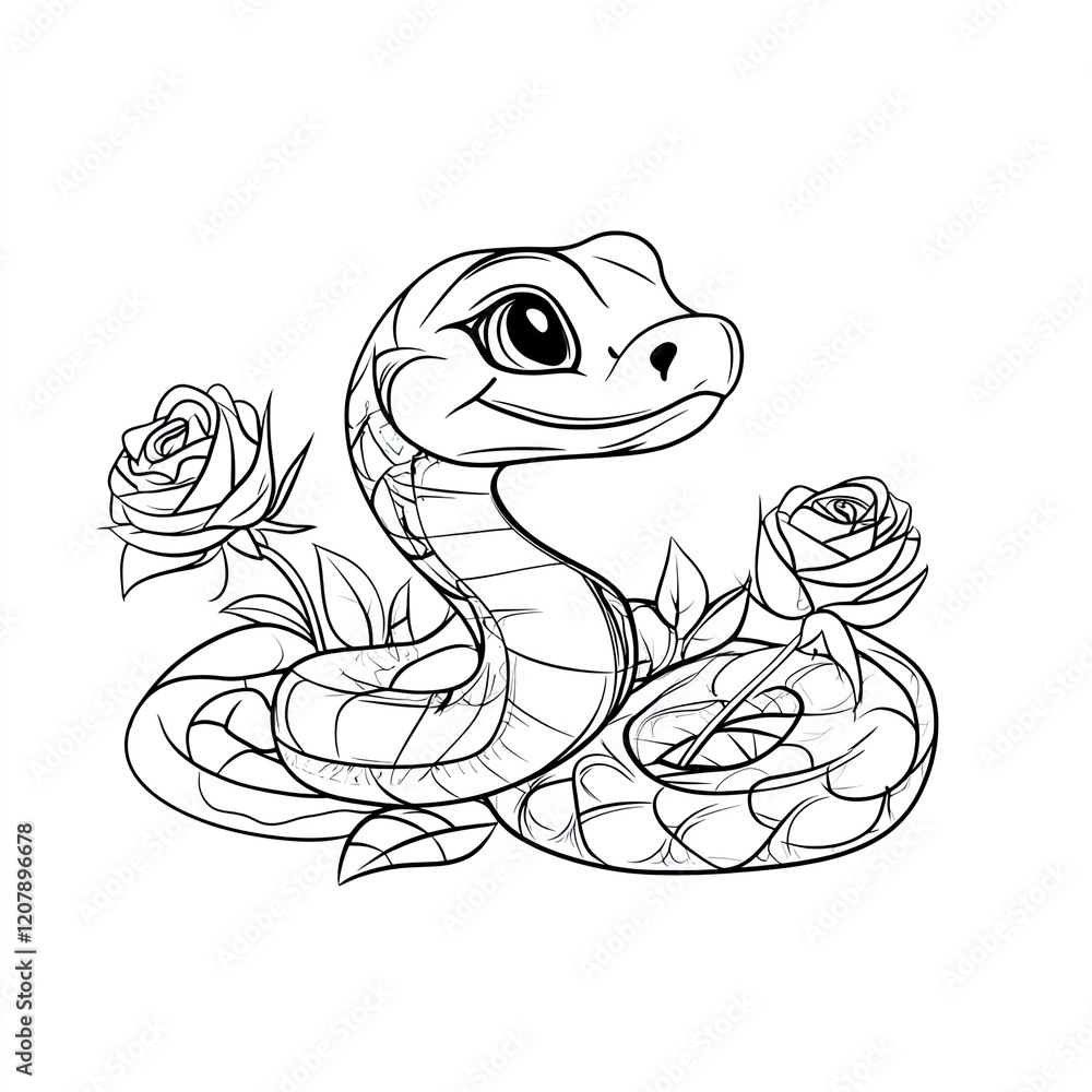 Simple Coloring Book Page Snake with Rose Illustration for Kids Simple Coloring Book Page Snake with Rose Illustration for Kids