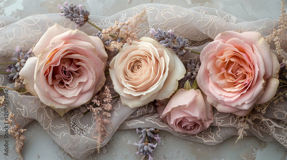 Obraz premium Blush roses with lavender and lace on textured background