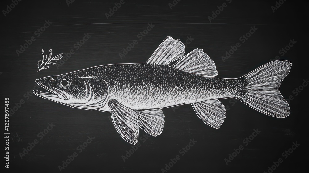 Obraz premium Chalkboard Pike Fish Illustration, Menu Design