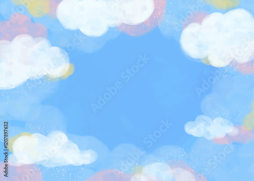 watercolor pastel blue pink color cloud in a sky with glittery stars illustration hand drawn background wallpaper greeting card template space for text landscape cute