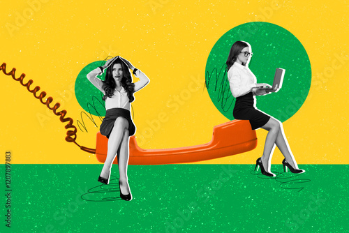 Composite art 3d creative image collage of two freelancer business girls type laptop sit telephone handset lazy colleague call center photo