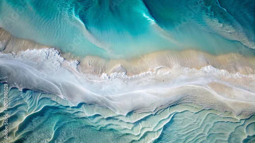 Wallpaper Mural Waves gently wash over the sandy shore, creating magical patterns in shades of turquoise and cream. Serene and dynamic interaction between land and sea from an aerial perspective. AI Torontodigital.ca