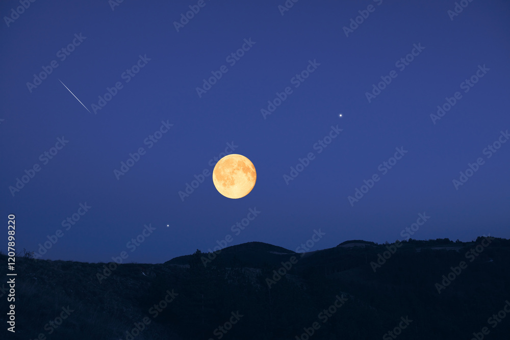 Full Moon, stars, planets, meteor trail and landscape scenery silhouettes. Full Moon, stars, planets, meteor trail and landscape scenery silhouettes.