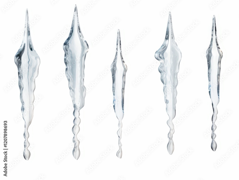 Fototapeta premium 6 icicles in different shapes, isolated on a white background, 3D rendering, high-resolution photography.
