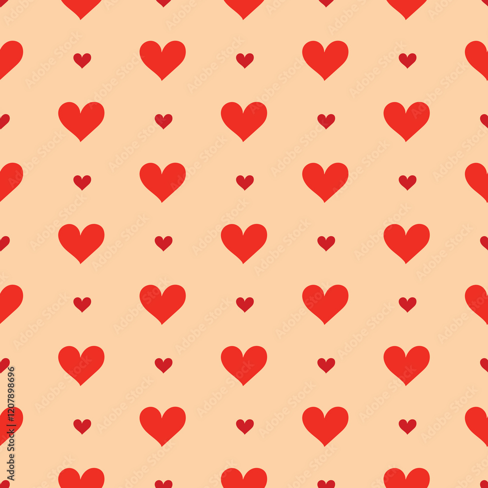 Valentine's Day seamless vector pattern with red hearts on the beige background. Love theme celebration. Greeting card Valentine's Day seamless vector pattern with red hearts on the beige background. Love theme celebration. Greeting card