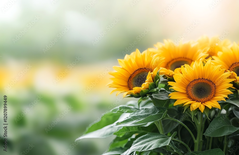 A vibrant display of sunflowers basking in sunlight, showcasing their bright yellow petals and rich green leaves. Ideal for capturing the beauty of nature and cheerful moods. A vibrant display of sunflowers basking in sunlight, showcasing their bright yellow petals and rich green leaves. Ideal for capturing the beauty of nature and cheerful moods.