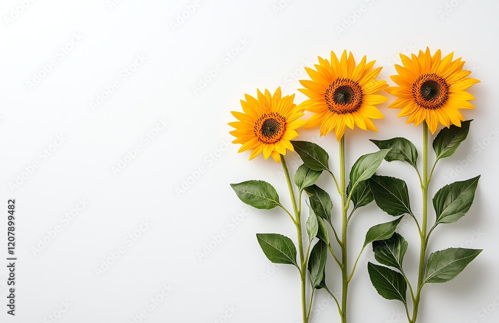 Naklejka premium Three vibrant sunflowers with lush green leaves arranged neatly against a clean white background, symbolizing beauty, joy, and warmth, ideal for floral designs and nature themes.