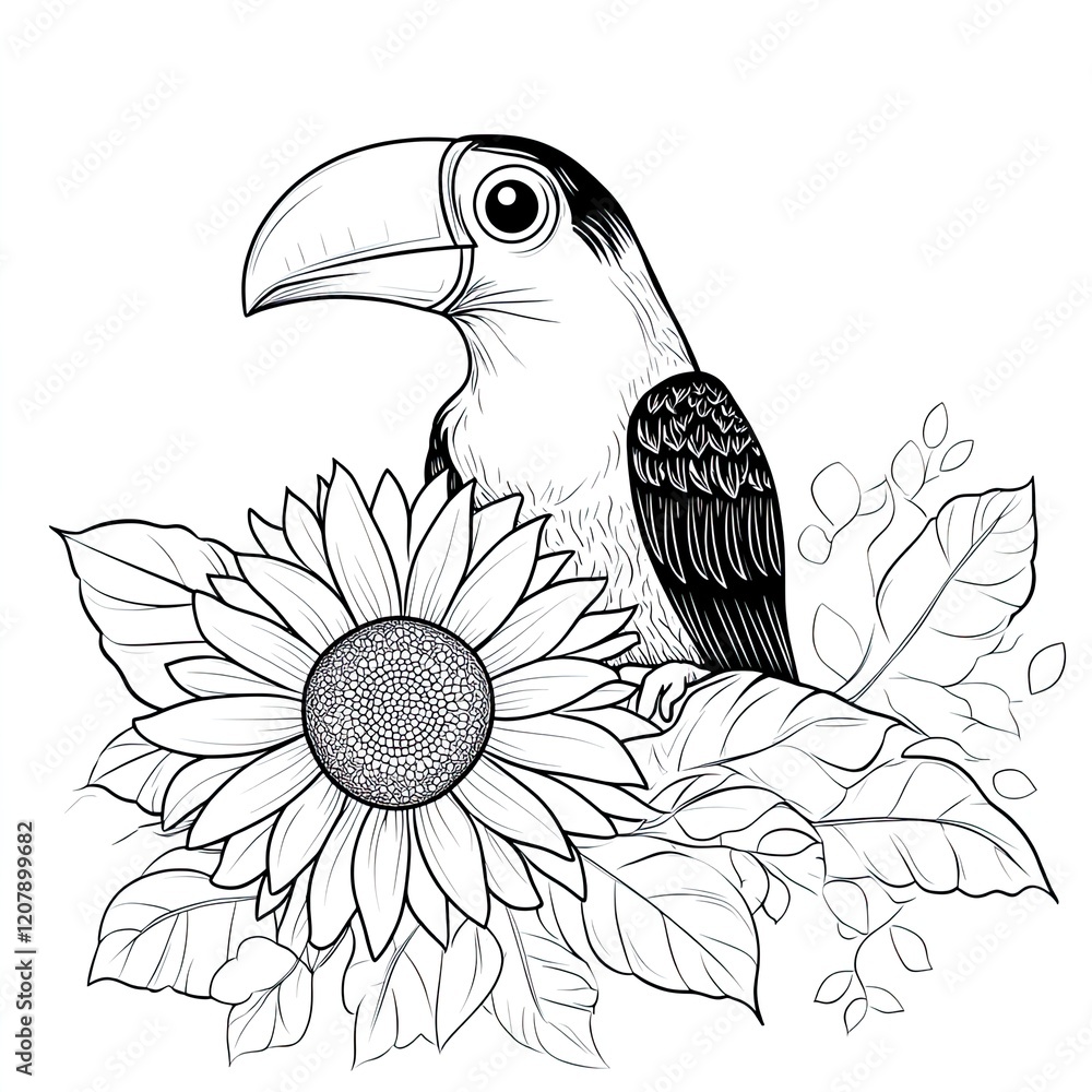 Naklejka premium Adorable Toucan and Sunflower Coloring Book Page for Kids
