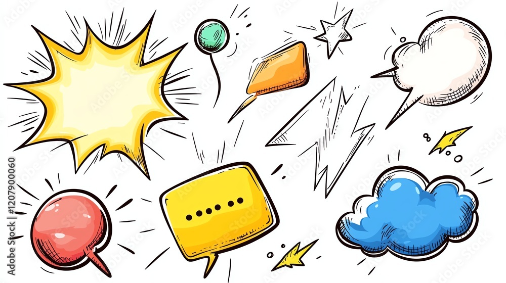 A collection of colorful comic-style speech bubbles and graphic elements, perfect for conveying dialogue, emotions, or ideas in designs A collection of colorful comic-style speech bubbles and graphic elements, perfect for conveying dialogue, emotions, or ideas in designs