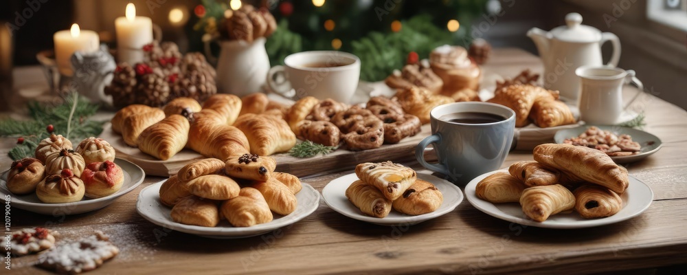 Christmas morning breakfast spread with festive pastries and coffee , seasonal delight, warm welcome, steaming coffee Christmas morning breakfast spread with festive pastries and coffee , seasonal delight, warm welcome, steaming coffee