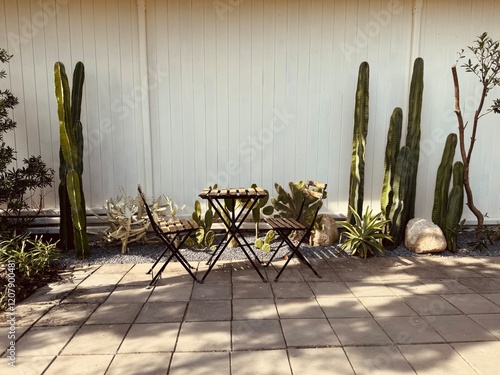 Camp table and camp chairs in terrace with cactus garden