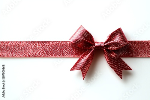 A vibrant red ribbon with a satin bow on a white background, perfect for gift wrapping or decorative purposes, adding a touch of elegance to any occasion or celebration. photo