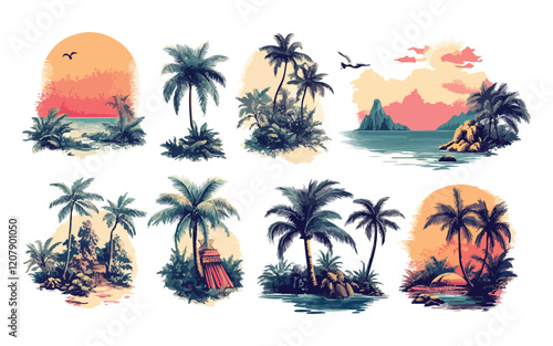 tropical island with palm trees bundle vector design