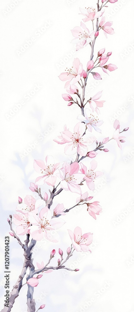 Cherry blossom branch in soft pastel colors on white background, painted in watercolor style, Japanese cherry, ornamental, nature-inspired Cherry blossom branch in soft pastel colors on white background, painted in watercolor style, Japanese cherry, ornamental, nature-inspired