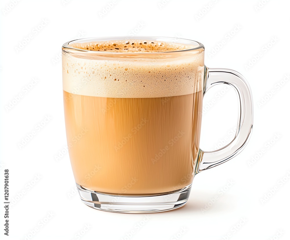A clear glass mug filled with a creamy, frothy coffee drink, showcasing a rich, caramel color and an inviting texture. Perfect for coffee lovers and beverage photography. A clear glass mug filled with a creamy, frothy coffee drink, showcasing a rich, caramel color and an inviting texture. Perfect for coffee lovers and beverage photography.