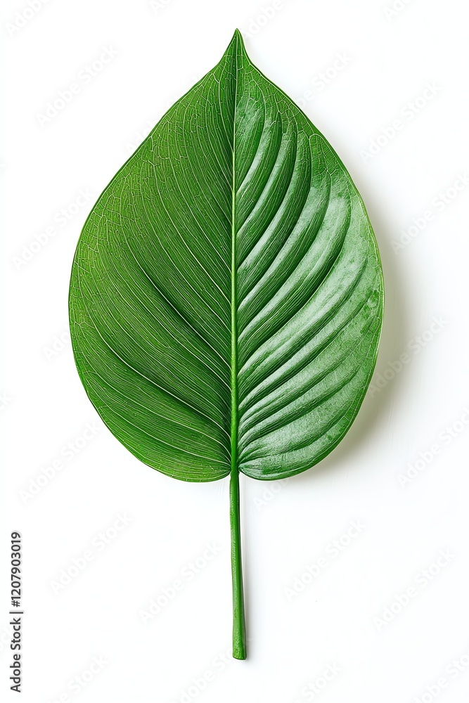 Fototapeta premium A vibrant green leaf with a smooth texture and clearly defined veins, representing natural beauty and tranquility in a minimalist setting.