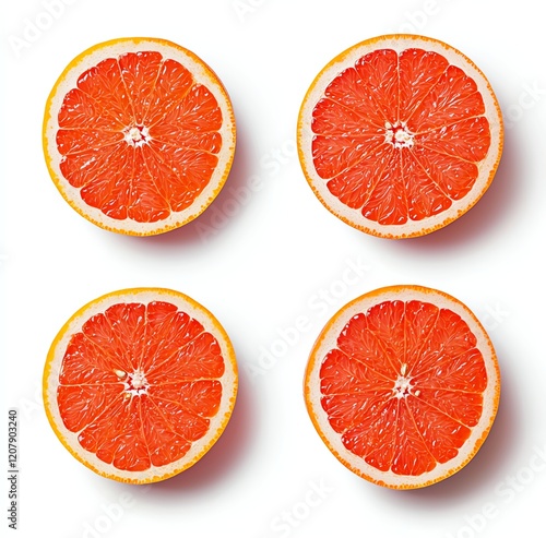 Freshly sliced grapefruit sections arranged in a symmetric pattern on a white background, showcasing their vibrant color and texture, perfect for healthy recipes and culinary inspi photo