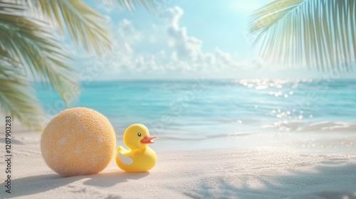 Vibrant Beach Scene with Yellow Rubber Duck and Sandball photo