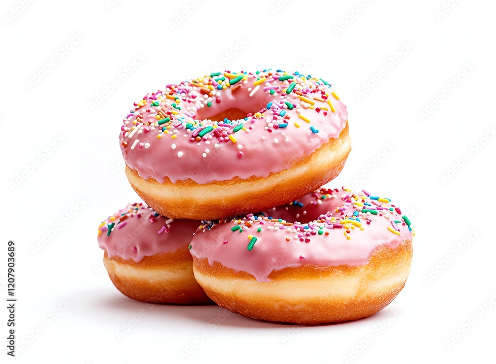A delicious stack of fresh donuts topped with pink icing and colorful sprinkles, perfect for dessert lovers and sweet treat enthusiasts. A delicious stack of fresh donuts topped with pink icing and colorful sprinkles, perfect for dessert lovers and sweet treat enthusiasts.