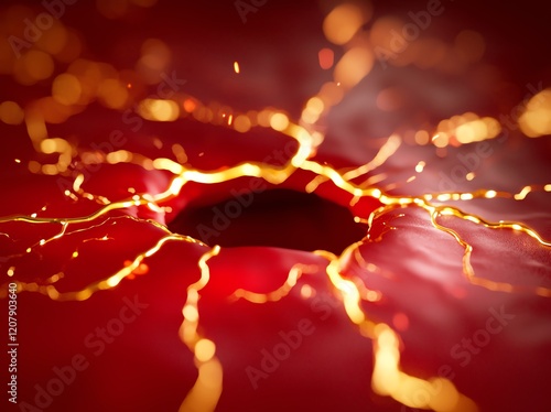 A close-up image showcasing a vibrant red surface with glowing cracks and a deep hole at its center, illustrating a dramatic geological phenomenon reminiscent of volcanic activity. photo