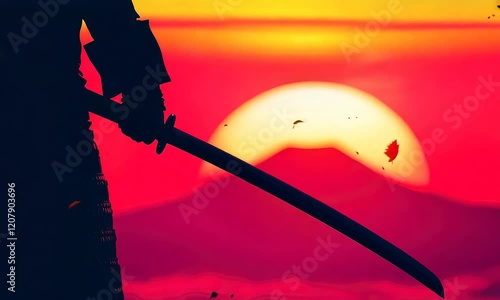 A silhouetted samurai warrior or ninja holding a sword against a vibrant sunset backdrop, capturing a serene yet powerful atmosphere.