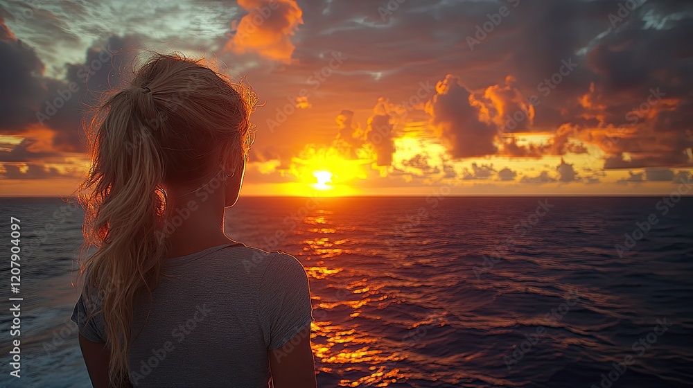 Fototapeta premium Woman watches ocean sunset, cruise ship background