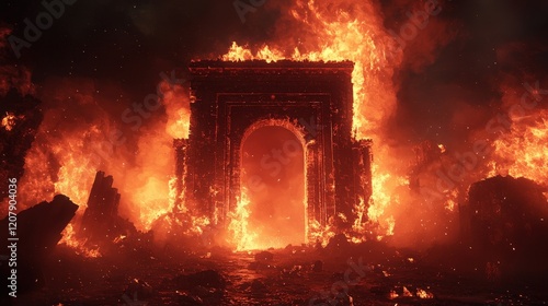 Fiery archway engulfed in intense flames and glowing embers against a dark, smoky night, symbolizing destruction and chaos. Perfect for apocalyptic and dramatic themes. photo