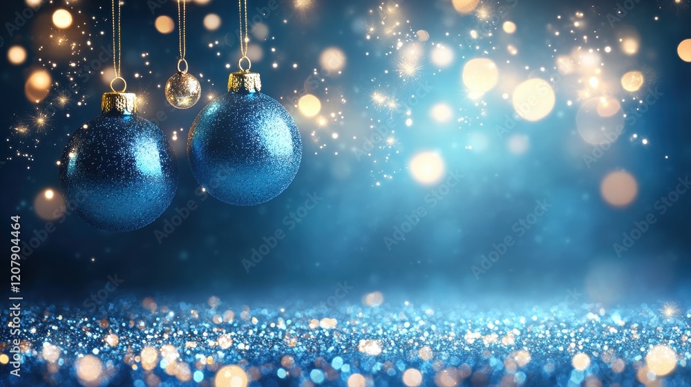 Elegant Blue Christmas Ornaments with Glowing Background Lights Elegant Blue Christmas Ornaments with Glowing Background Lights