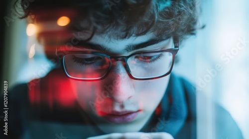 A young adult reflecting on the role of social media in anxiety, shown through a creative dual-exposure photo. photo