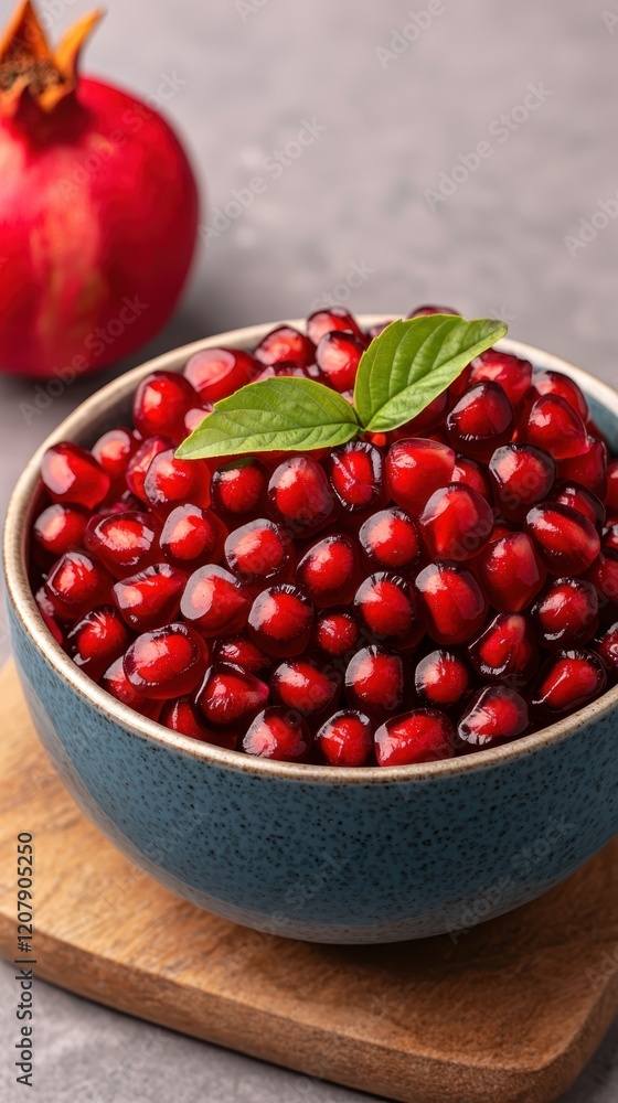 Purity of Ramadan Iftar concept. A vibrant bowl of fresh pomegranate seeds garnished with green leaves, beside a whole pomegranate, set against a textured gray background. Purity of Ramadan Iftar concept. A vibrant bowl of fresh pomegranate seeds garnished with green leaves, beside a whole pomegranate, set against a textured gray background.