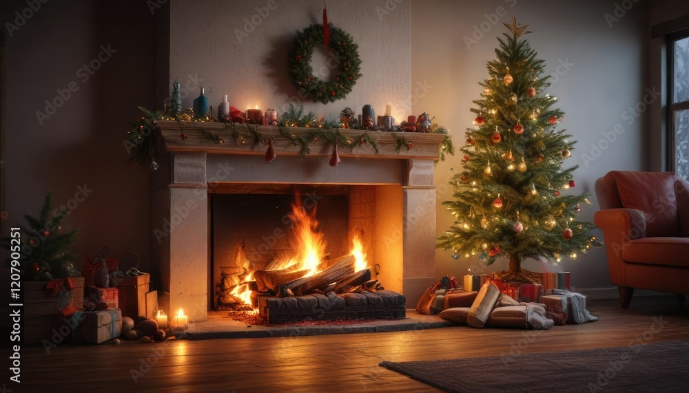 Burning fireplace with a Christmas tree on the mantle, red, candles Burning fireplace with a Christmas tree on the mantle, red, candles