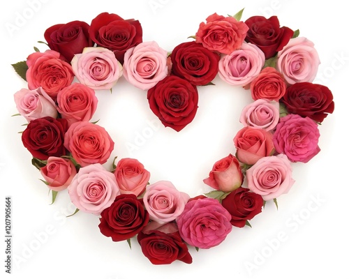  Heart Made of Red Roses Isolated on White Background.